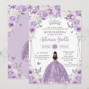 Lila Lilac White Floral Silver Quinceañera XV 16 Einladung