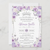 Lila Lilac White Floral Silver Quinceañera XV 16 Einladung (Vorderseite)