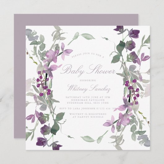 Lila & Lilac Wildblumen Square Kinderdusche Einladung (Vorne/Hinten)