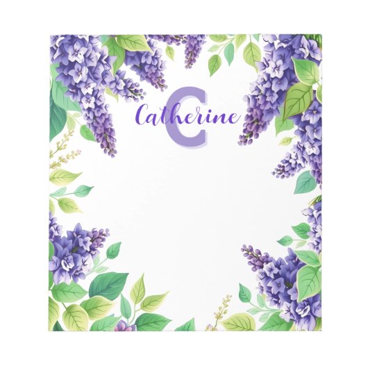 Lila Lilacs mit grünen Blätter Name und Monogramm Notizblock (Vorderseite)