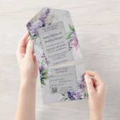 Lila Lilacs mit Heather auf Grau mit QR-Code All In One Einladung (Abreißen)