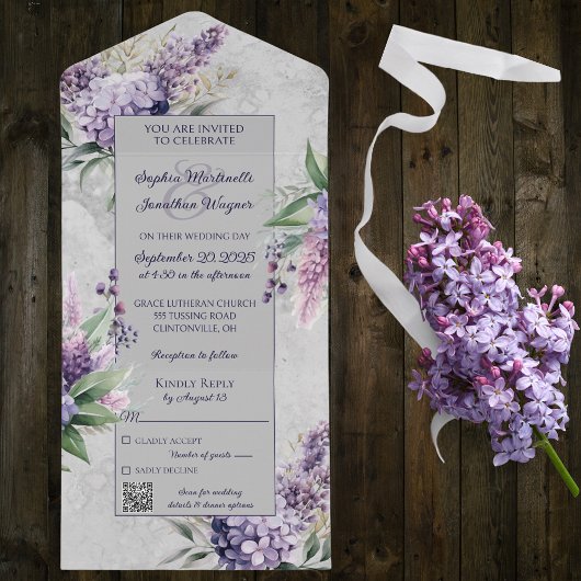 Lila Lilacs mit Heather auf Grau mit QR-Code All In One Einladung