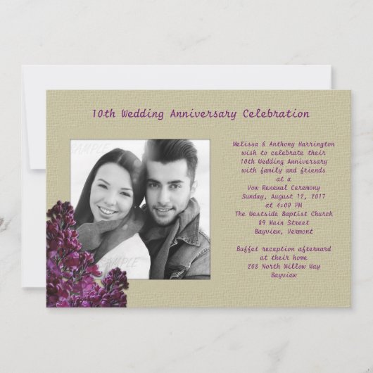 Lila Lilacs und Burlap Foto Vow Renewal Einladung (Vorderseite)