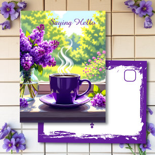 Lila Lilacs und Kaffee   Nur Sprichwort Hallo Postkarte