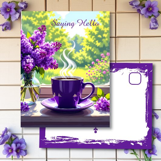 Lila Lilacs und Kaffee | Nur Sprichwort Hallo Postkarte