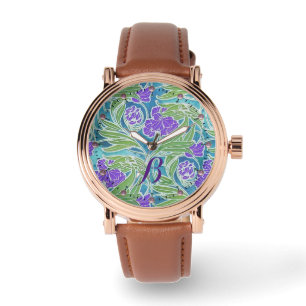 LILA LILIE ,GRÜNE BLÄTTER AQUA BLAUE BLUE FLORAL ARMBANDUHR