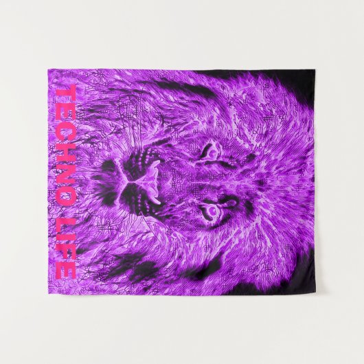 Lila Lion Blacklight Techno Life Wandteppich (Vorderseite (Horizontal))