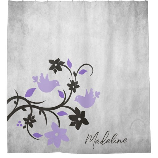 Lila Livebirds Duschvorhang (Vorderseite)