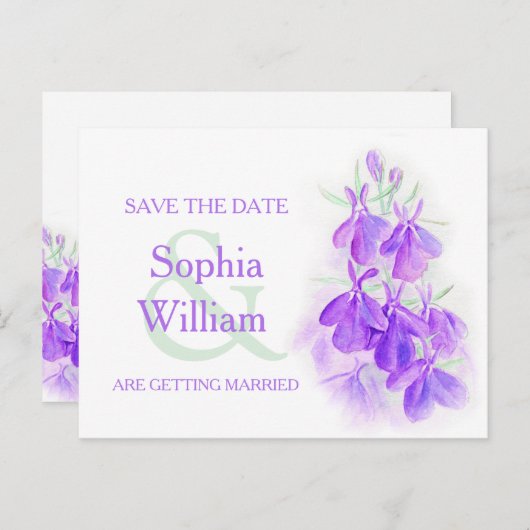 lila Lobelia Save the Date Postkarte (Vorne/Hinten)