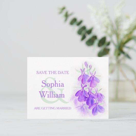 lila Lobelia Save the Date Postkarte (Stehend Vorderseite)