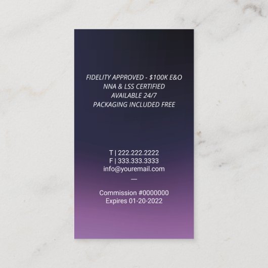 Lila Logo für Notar-Signatur-Agent-Feather-Monogra Visitenkarte (Rückseite)