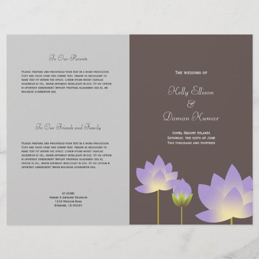 Lila Lotus Blume Modernes Hochzeitsprogramm (Vorderseite)