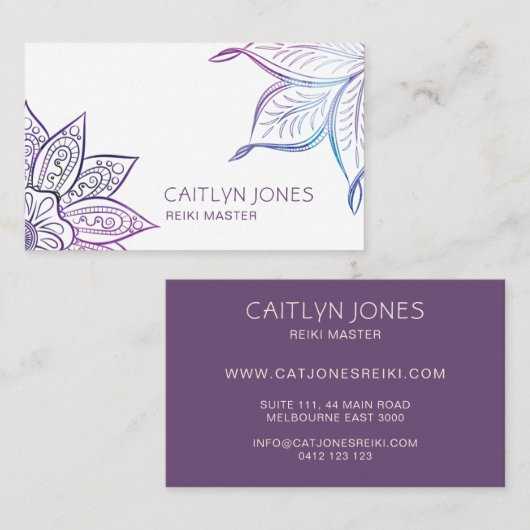 Lila Lotus Muster Massage oder Reiki Practitioner Visitenkarte (Vorne/Hinten)