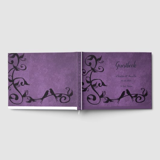 Lila Lovebirds Hochzeitstag Gästebuch (Voll)