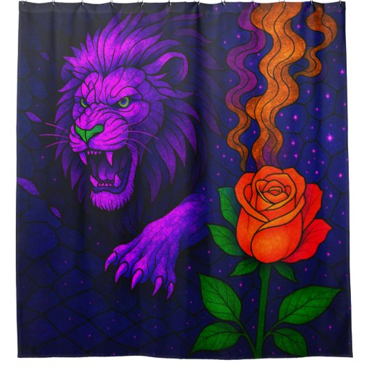 Lila Löwe und Rose Duschvorhang (Vorderseite)