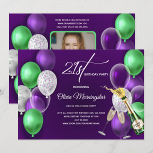 Lila Luftballons 21. Geburtstagsfoto  Einladung