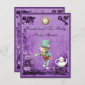 Lila Mad Hatter Wonderland Tea Party Babydusche Einladung (Vorne/Hinten)