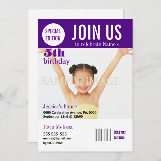 lila Mädchen Einladung (Vorne/Hinten)