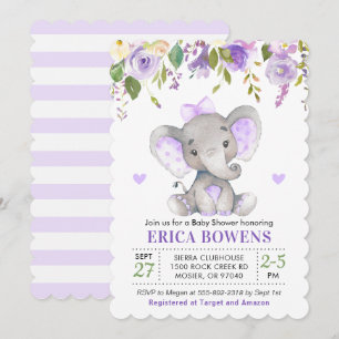 Lila Mädchen Elefant Babydusche Einladung