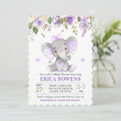 Lila Mädchen Elefant Babydusche Einladung (Stehend Vorderseite)