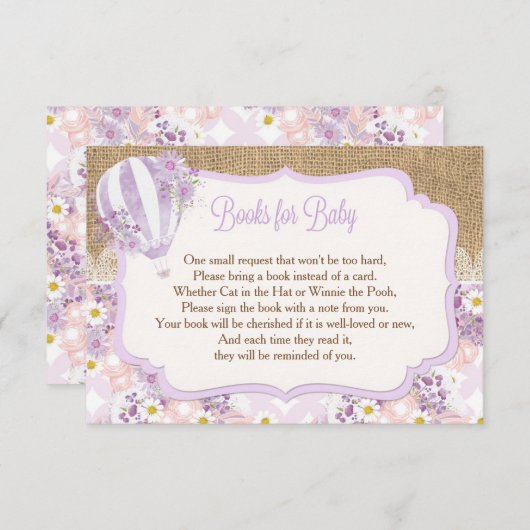 lila Mädchen Heißluftballon Bücher für Babyeinsatz Begleitkarte (Vorne/Hinten)