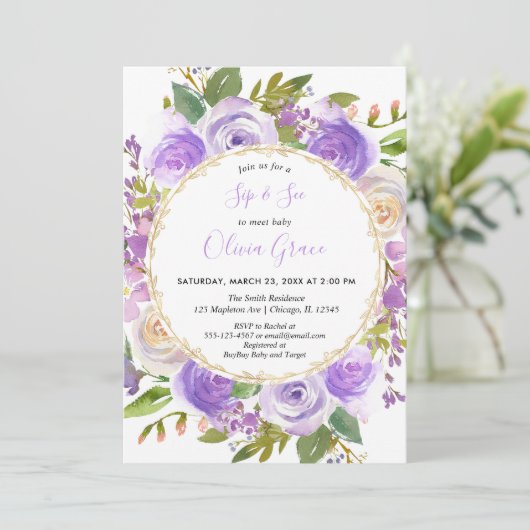 Lila Mädchen Sip and See, Blumenlavender lilac Einladung (Stehend Vorderseite)