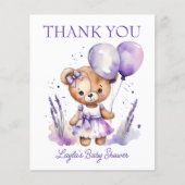 Lila Mädchen Teddy Bär Babydusche Dankeschön Karte (Vorderseite)