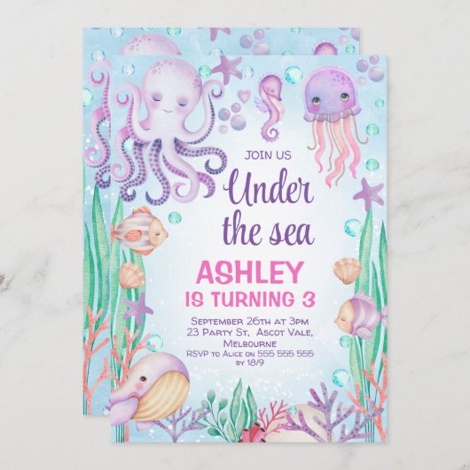 Lila Mädchen unter dem Meeresoktopus zum Geburtsta Einladung (Vorne/Hinten)