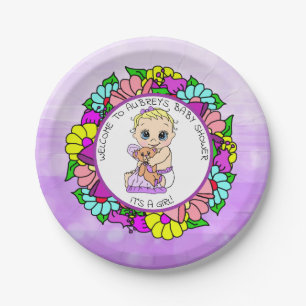 Lila Mädchendusche, Baby mit Teddy-Bär Pappteller