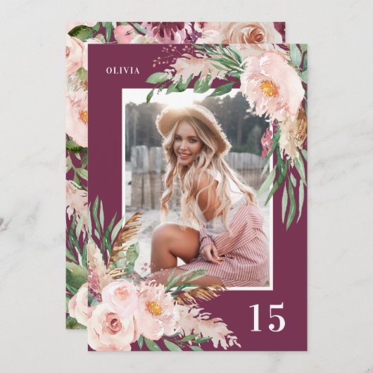 Lila, mädchenhaftes Foto Geburtstag Einladung (Vorne/Hinten)