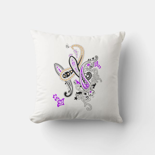 Lila-Magenta, rötlich-orange, Tealisch-blaue Mädch Kissen (Vorderseite)