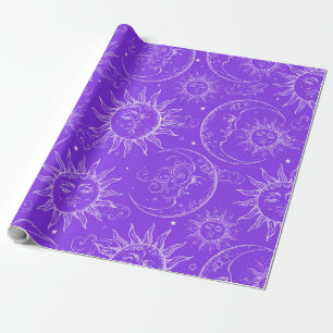 Lila Magie Vintage Himmelssonne Mond Sterne Geschenkpapier
