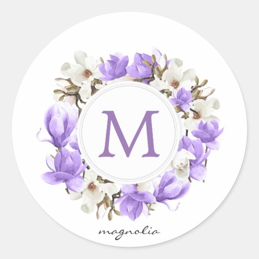 Lila Magnolia-Wreath-Monogramm Runder Aufkleber (Vorderseite)
