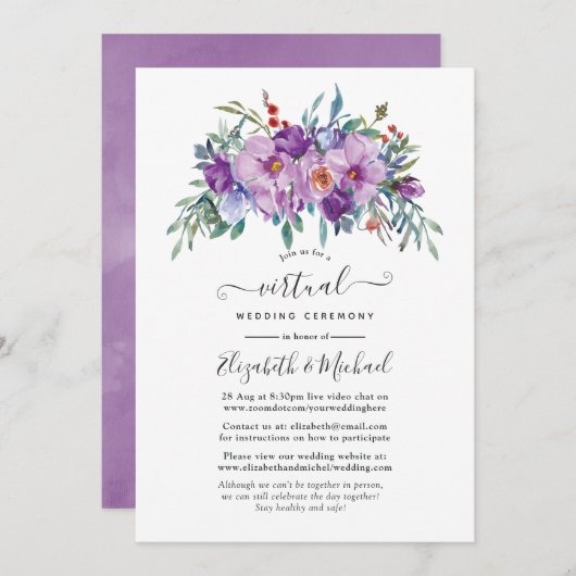 Lila Magnolien und Rose Online Virtual Wedding Einladung (Vorne/Hinten)