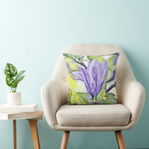 Lila magnolische Blume Aquarellgrün Hintergrund Kissen