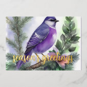 Lila Malerei des Wintervogels Folien Feiertagskarte (Vorderseite)