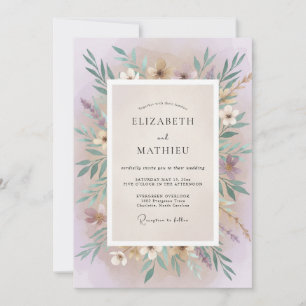 Lila-Malven-Laub-Eukalyptus-Hochzeit Einladung