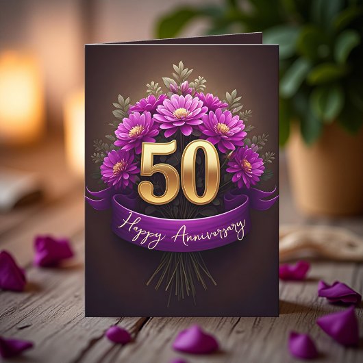 Lila Mama Blume Golden 50. Hochzeitstag Karte