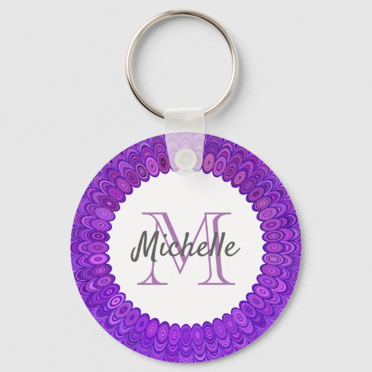 Lila Mandala Bird Feathers Monogram Schlüsselanhänger (Vorderseite)