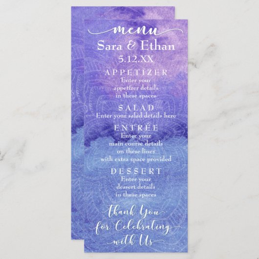 Lila Mandala Wedelkarte Menükarte (Vorne/Hinten)