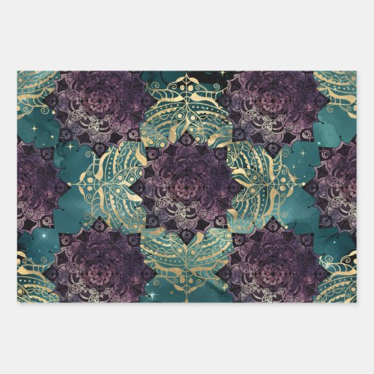 Lila Mandalas und Schmetterlinge auf dem Aquamarin Geschenkpapier Set (Vorderseite)