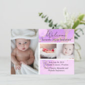 Lila Marble 3 Foto Girl Baby Geburtsankündigung Einladung (Stehend Vorderseite)