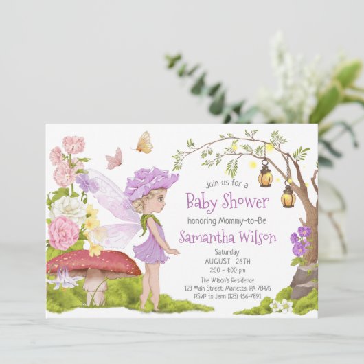 Lila Märchenblütendusche Einladung (Stehend Vorderseite)
