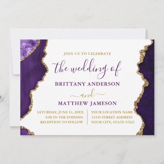 Lila Marmor und Goldhochzeit Einladung (Vorderseite)