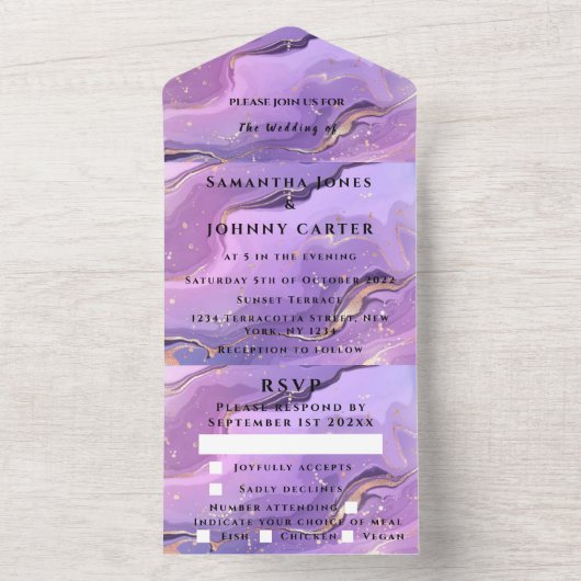 Lila Marmorgoldverheiratet All In One Einladung (Innen Boden)