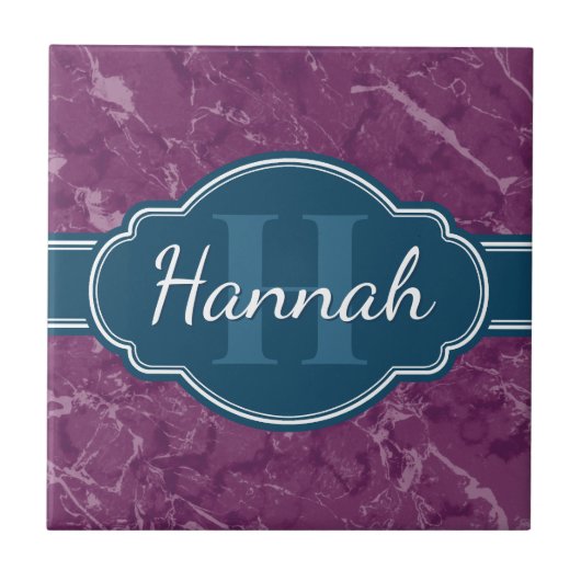 Lila Marmormuster Aquamarines Monogramm Fliese (Vorderseite)