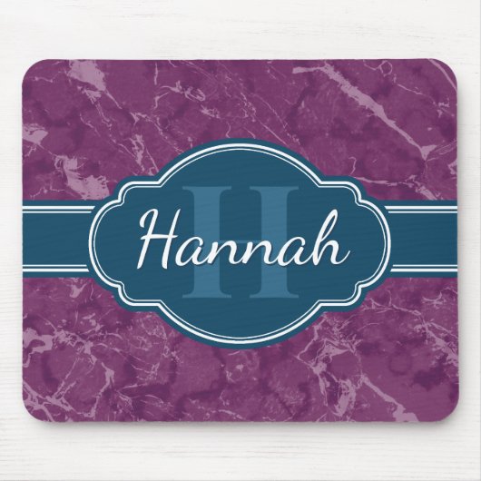 Lila Marmormuster Aquamarines Monogramm Mousepad (Vorne)