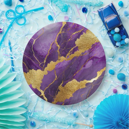 Lila Marmormuster mit Gold Pappteller (Party)