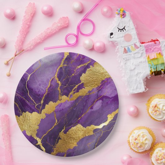 Lila Marmormuster mit Gold Pappteller (Party)