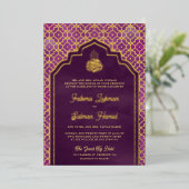 Lila marokkanische Arch-Hochzeit Folieneinladung (Stehend vorne)